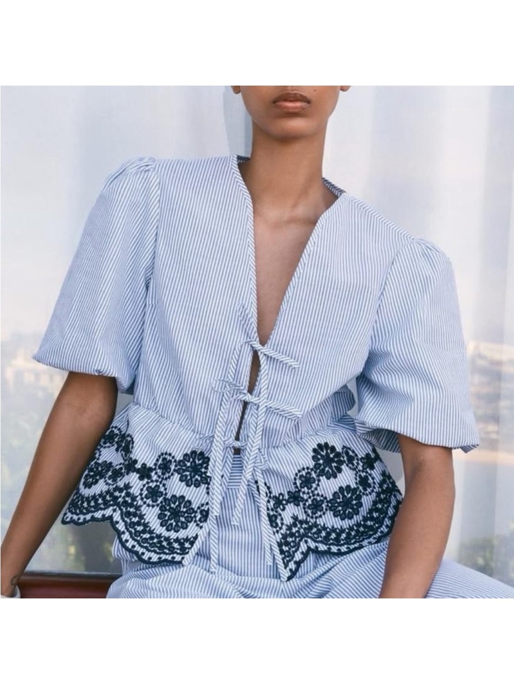 NWT ZARA Blue & White Striped Lace Hem Tie Front Blouse Size S
